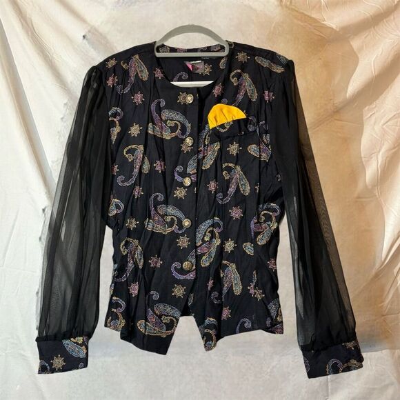 Tina Barrie VTG Black Paisley Midi Skirt & Top Set Sheer Sleeves Boho Retro Glam - Picture 2 of 13